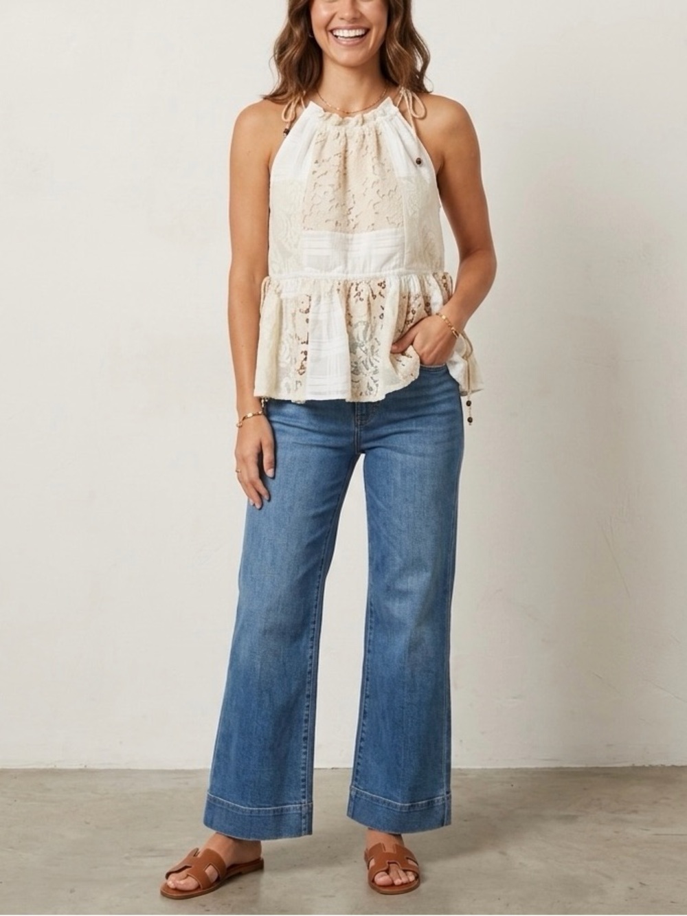 Zimmermann Lace High Neck Sleeveless Peplum Top in Ivory